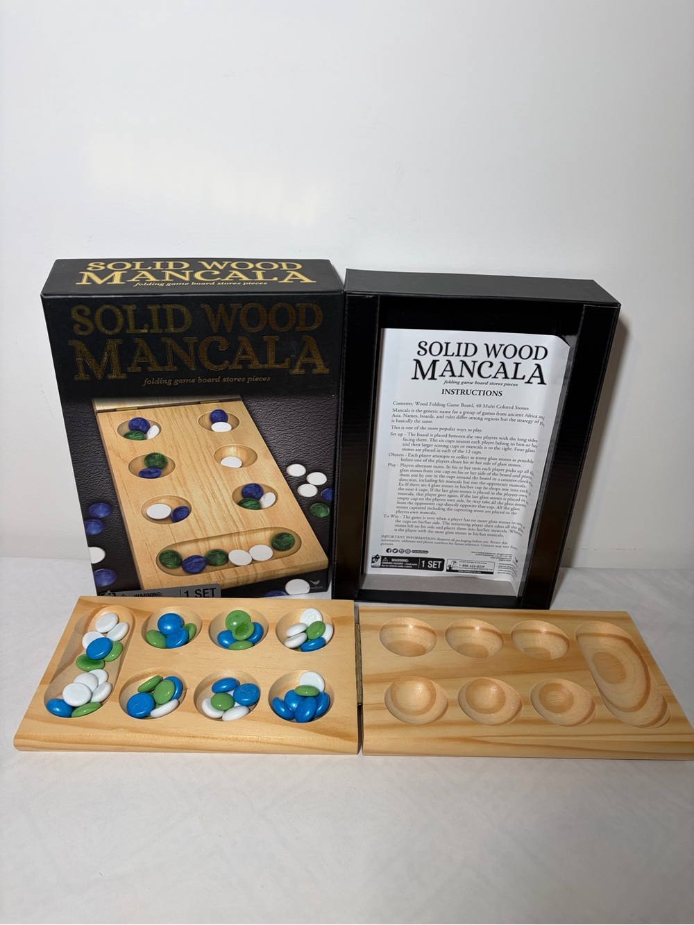 Solid Wood Mancala Game Set — Natural Wood with Blue, Green & White Stones